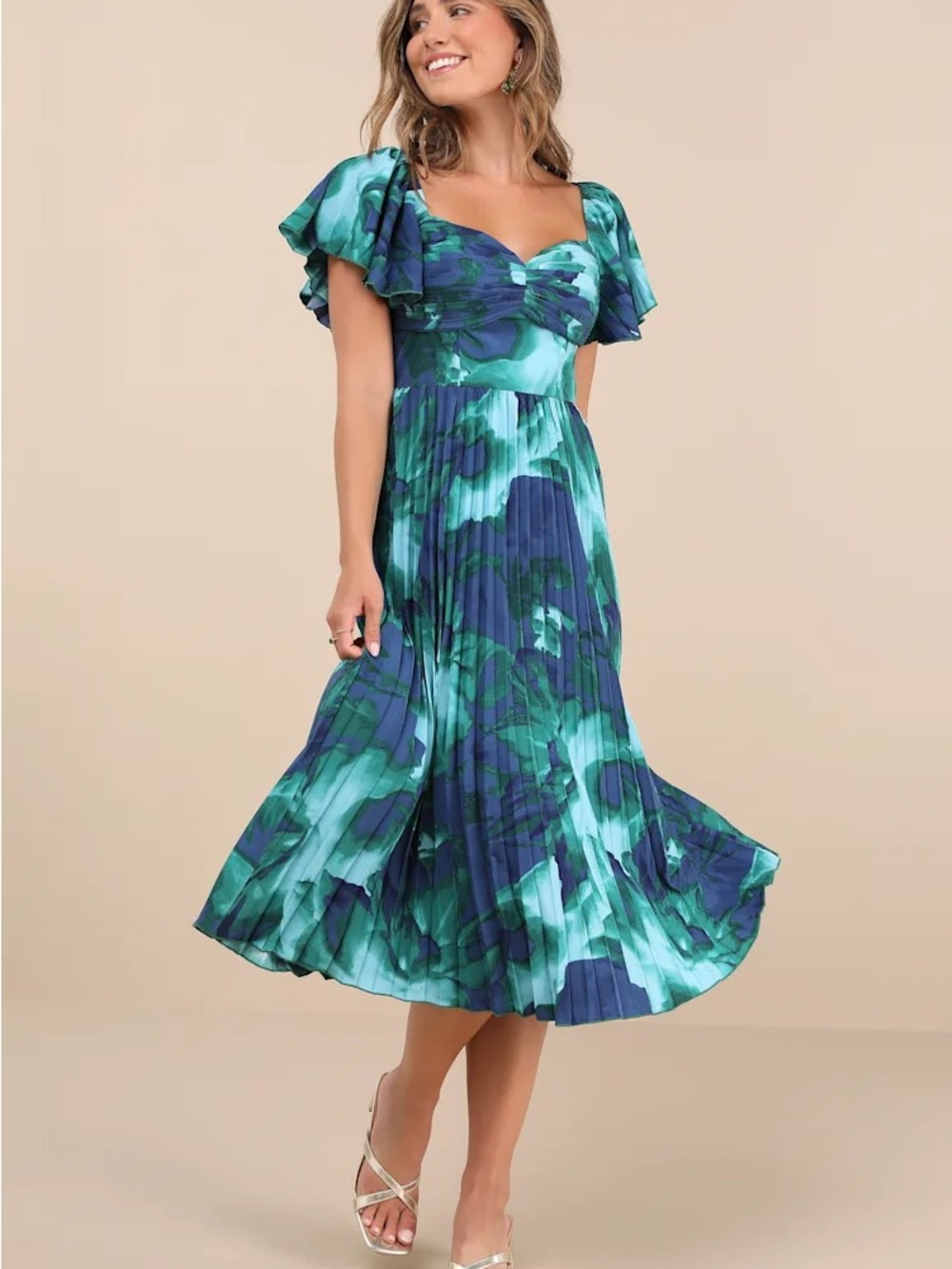 NWT Sz L Lulus Authentically Yours Teal Multi Abstract Print Satin Midi Dress